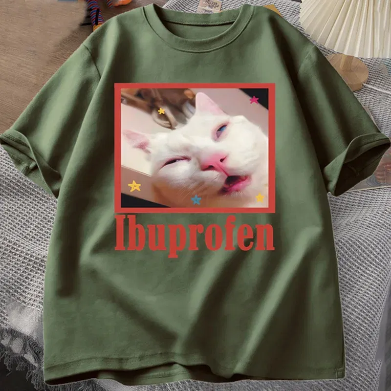 Color: Blue, Size: L - Ibuprofen Cat Meme Tshirt Funny Cat Graphic Tee Cute Cat Lover Cotton T-Shirt Casual Funny T Shirts Unisex Oversized Tshirt Tee