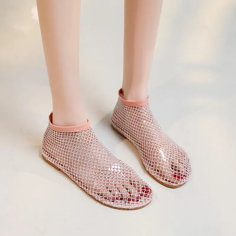 Color: Blue, Shoe Size: 37 - Women Summer New Fashion Mesh Luxurious Rhinestone Designer Simple Solid Color Sandals Daily Versatile Round Toe Womens Sandal