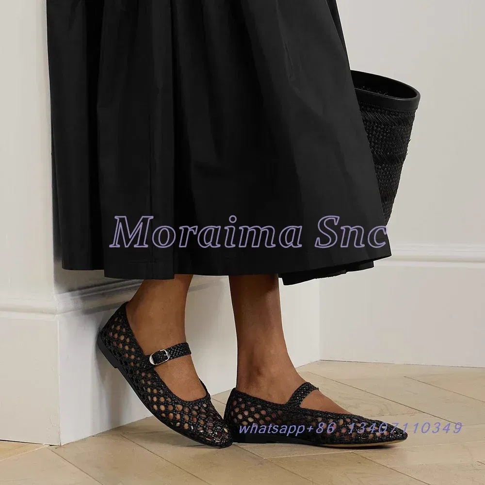 Color: Silver, Shoe Size: 43 - Hollow Woven Leather Ballet Shoes Flat With Round Toe Ankle Buckle Strap Fashion Shallow Women Shoes Mary Janes Summer New 2025