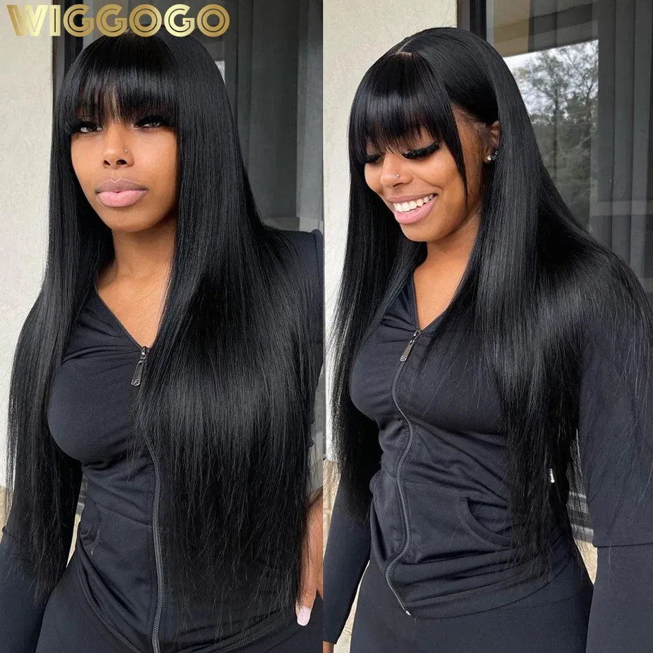 Stretched Length: 16inches, Hair Color: #1, Density: 180%, Ships From: CHINA - Wiggogo 3X1 Middle Part Lace Wig Bone Straight Human Hair Wig With Bangs Full Machine Made Straight Human Hair Wigs For Women