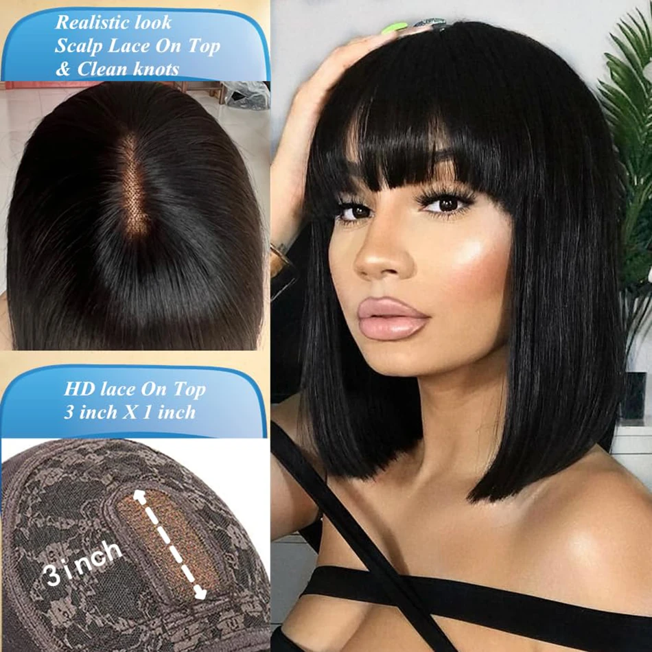 Stretched Length: 16inches, Hair Color: #1, Density: 180%, Ships From: CHINA - Wiggogo 3X1 Middle Part Lace Wig Bone Straight Human Hair Wig With Bangs Full Machine Made Straight Human Hair Wigs For Women