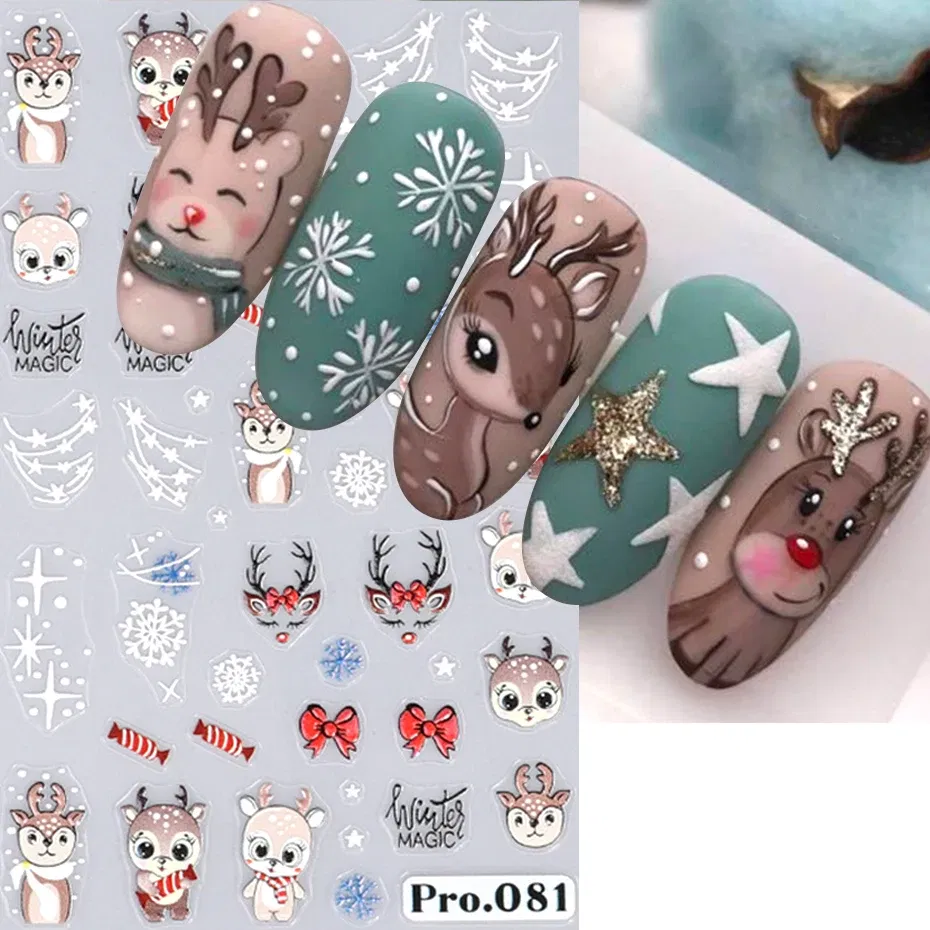 Color: Silver - 5D Embossed Elk Nail Art Sticker Cute Christmas Winter Santa Claus Snowflake Gingerbread Man Engraved Slider Manicure Decoration
