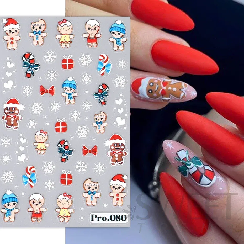 Color: Silver - 5D Embossed Elk Nail Art Sticker Cute Christmas Winter Santa Claus Snowflake Gingerbread Man Engraved Slider Manicure Decoration