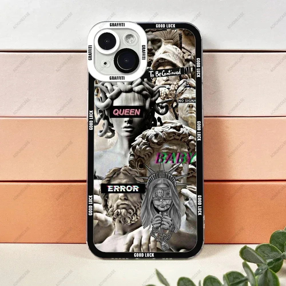Color: Dark Grey, Material: PC - Aesthetic Statue Art Phone Case For iPhone 16 15 14 13 12 11 Pro Max XS X XR Plus Mini Luxury Transparent Soft Funda