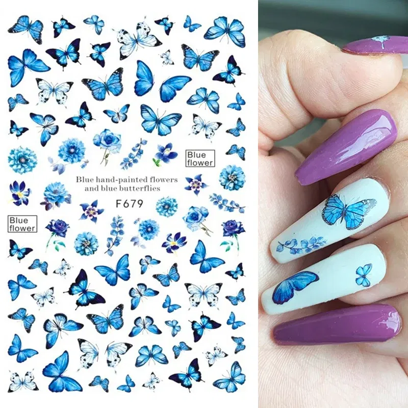 Color: Amy Green - 3D Blue Butterfly Adhesive Stickers Nail Art Decoration Laser Flowers Leaves Nail Sticker Nail Art Supplies Nail Parts
