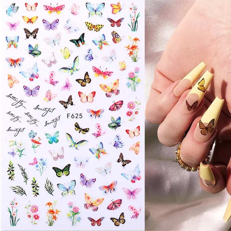 Color: Amy Green - 3D Blue Butterfly Adhesive Stickers Nail Art Decoration Laser Flowers Leaves Nail Sticker Nail Art Supplies Nail Parts