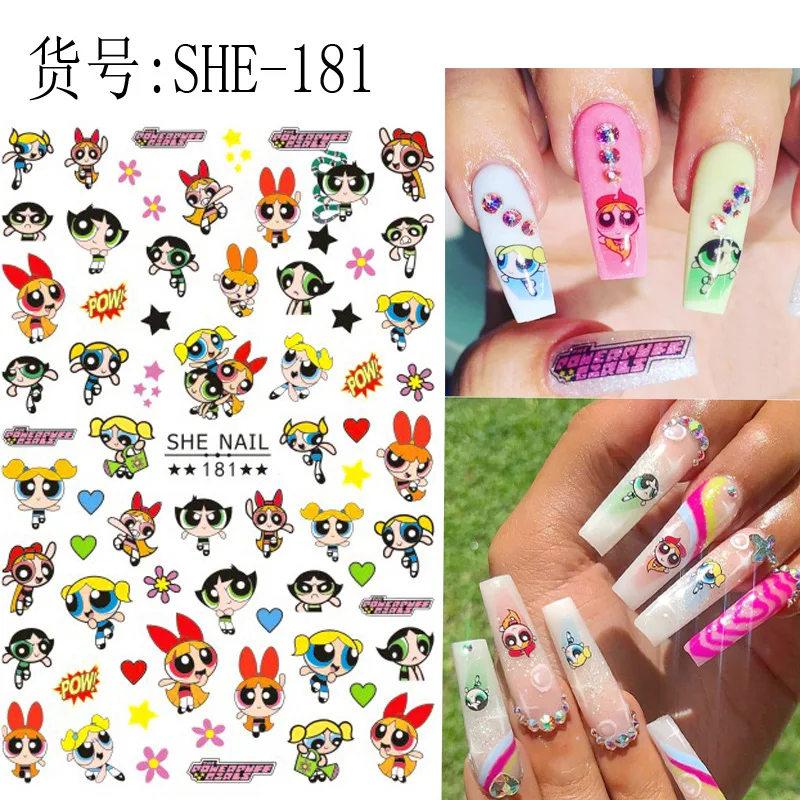 Color: Cream - 1PCS Big Eyes Girl 3D Adhesive Nail Art Sticker Pikachu Lilo and Stitch Cartoon Nail Sticker Nail Decal Nail Art Decoration