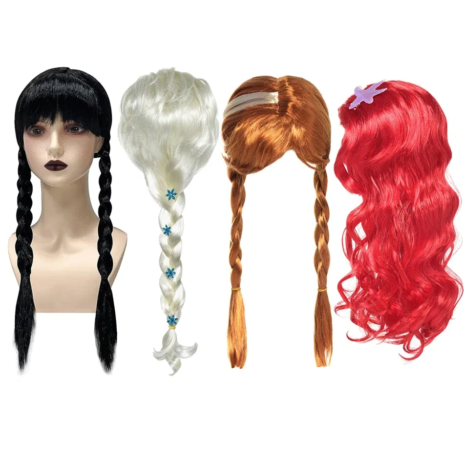 Color: black - Children Wigs Princess Girls Elsa Anna Cosplay Accessories Kids Halloween Barbi Wigs