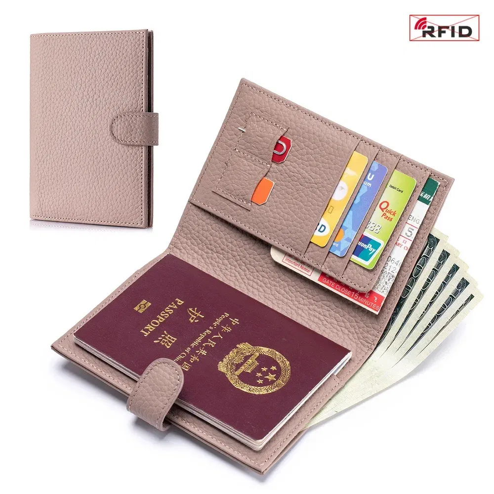 Color: SKY BLUE - Genuine Leather RFID Travel Passport Cover Case Wallet Bag Card Holder Cowhide Coin Purse Document Cover Flight Men Women