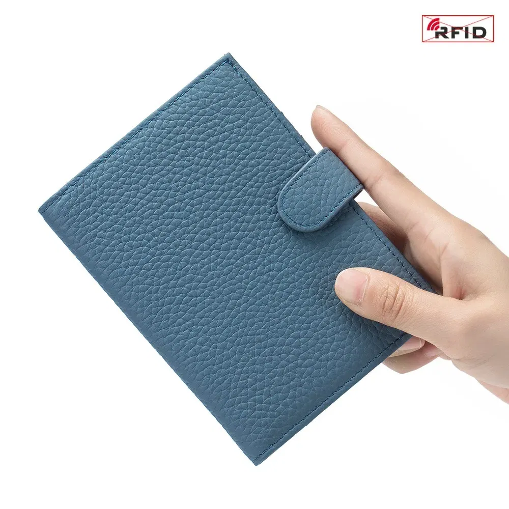 Color: SKY BLUE - Genuine Leather RFID Travel Passport Cover Case Wallet Bag Card Holder Cowhide Coin Purse Document Cover Flight Men Women