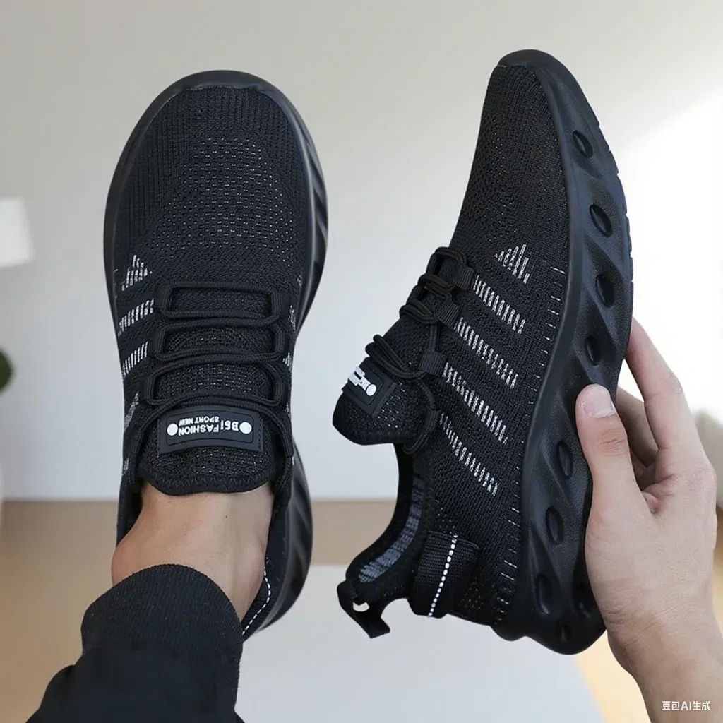 Color: black, Shoe Size: 45 - Men's Thick Soled Sports Shoes for Spring and Summer Women's Breathable and Shock-absorbing Fashionable Running Shoes Bare Foot