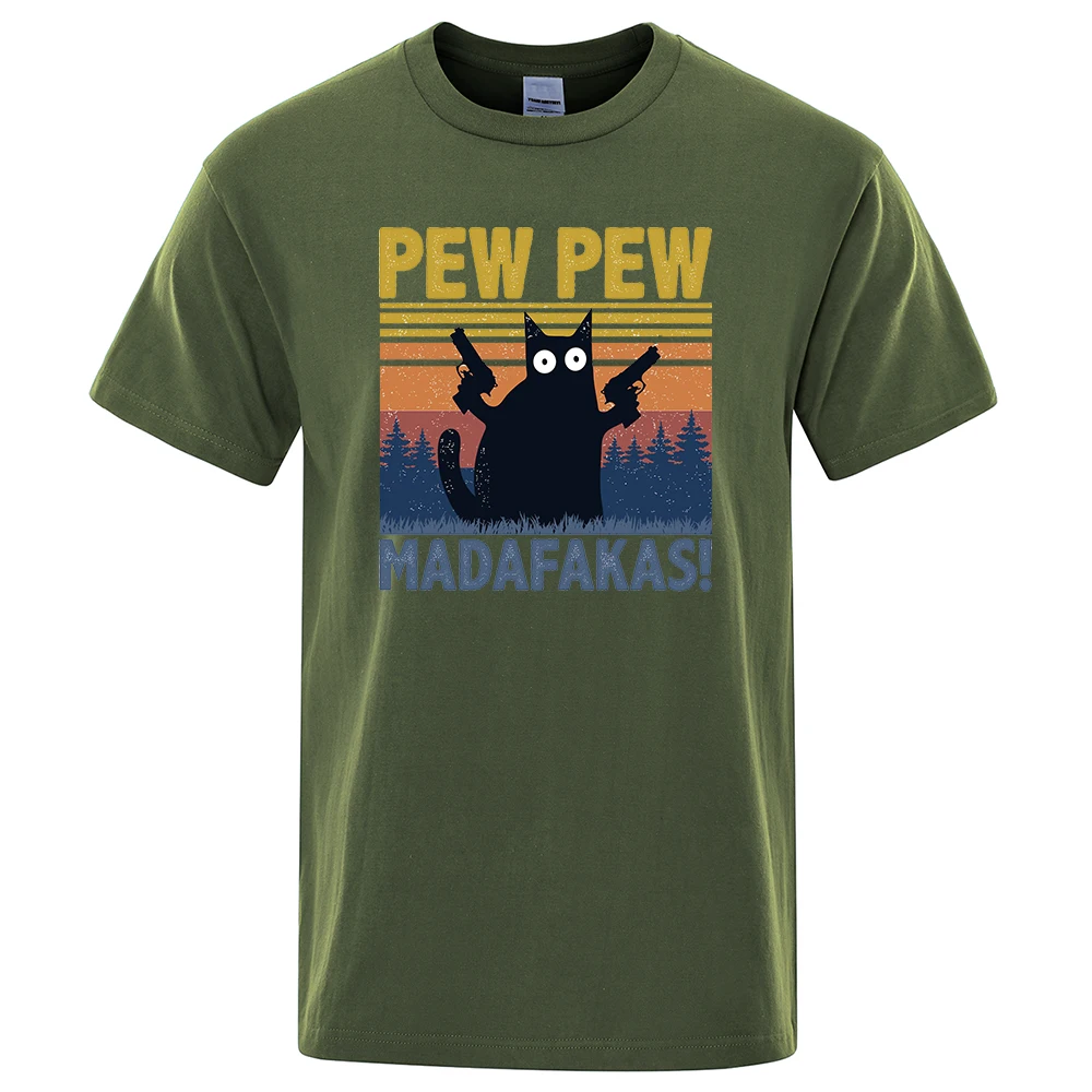 Color: GRAY, Size: L - Pew Pew Madafakas Tshirt Men Short Sleeve Novelty Funny Cat T Shirt Cotton Oversize Tops Shirts Tee T-Shirt Crew Neck Streetwear