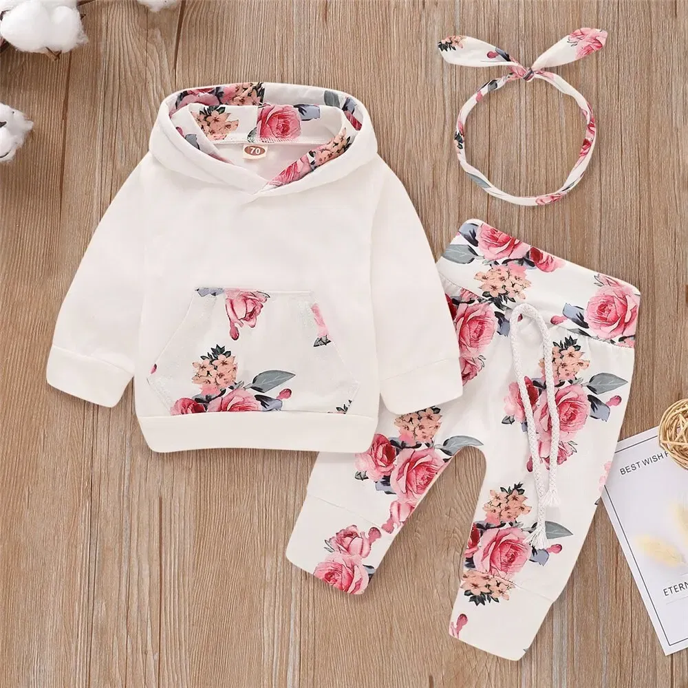 Color: WHITE, Kid Size: 9M - 0-18 Months Toddler Baby Girl 3PCS Hooded Clothes Set Flowers Print Long Sleeve Top+Pant+Bowknot Headband Fashion Autumn Outfit