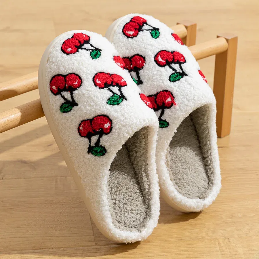 Color: WHITE, Shoe Size: 4 - Cute Avocado Women Slippers Winter Warm Indoor Fruit Cartoon Funny Soft Non-slip Slipper Cherry Strawberry Comfy Cotton Shoes