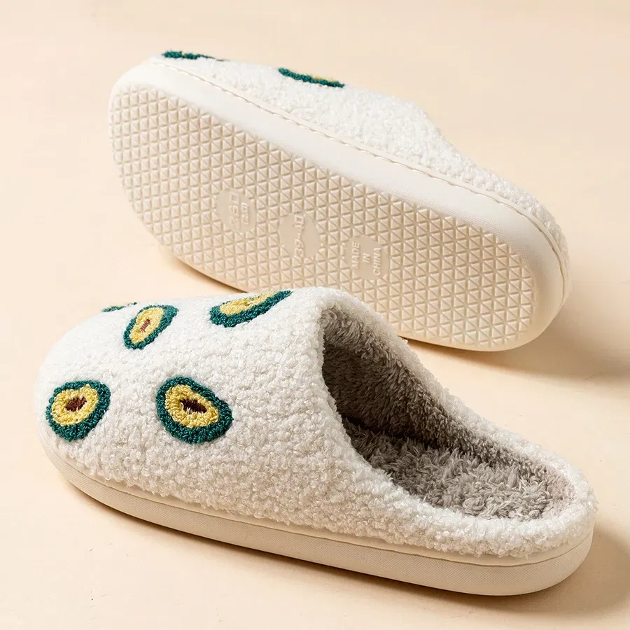 Color: WHITE, Shoe Size: 4 - Cute Avocado Women Slippers Winter Warm Indoor Fruit Cartoon Funny Soft Non-slip Slipper Cherry Strawberry Comfy Cotton Shoes