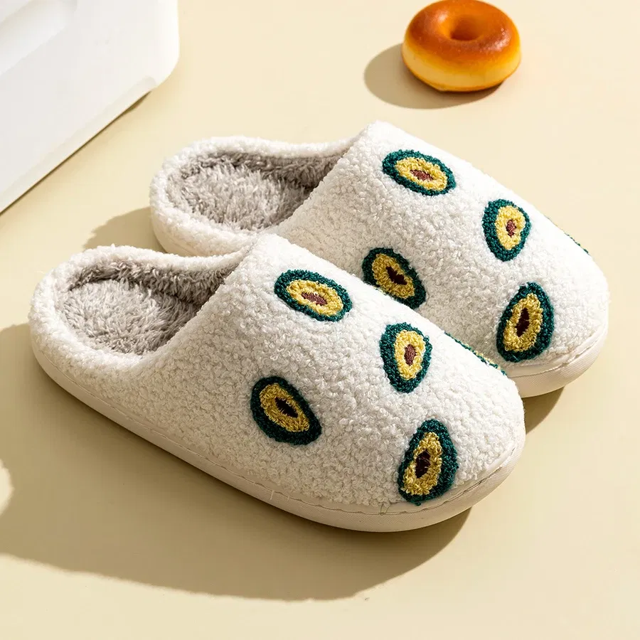 Color: WHITE, Shoe Size: 4 - Cute Avocado Women Slippers Winter Warm Indoor Fruit Cartoon Funny Soft Non-slip Slipper Cherry Strawberry Comfy Cotton Shoes