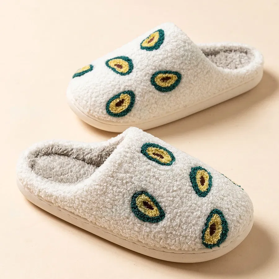 Color: WHITE, Shoe Size: 4 - Cute Avocado Women Slippers Winter Warm Indoor Fruit Cartoon Funny Soft Non-slip Slipper Cherry Strawberry Comfy Cotton Shoes