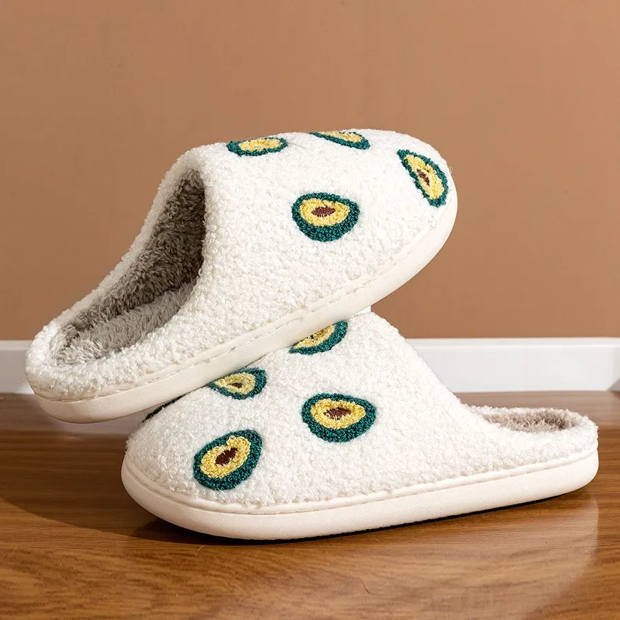 Color: WHITE, Shoe Size: 4 - Cute Avocado Women Slippers Winter Warm Indoor Fruit Cartoon Funny Soft Non-slip Slipper Cherry Strawberry Comfy Cotton Shoes