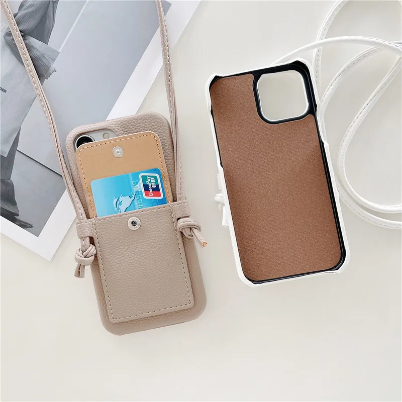 Color: Brown, Material: tpu - Personalized Gold Silver Letters Leather PU Card Holder Lanyard Hard Case For iPhone 14 13 12 11 15 Pro Max XS XR 16  Plus Cover