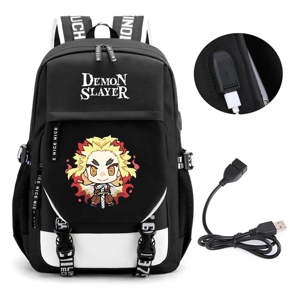 Color: Lavender - Anime Demon Slayer Kamado Nezuko Backpack School Book Bags Mochila Travel USB Port Bag Laptop Boy Girls Gift