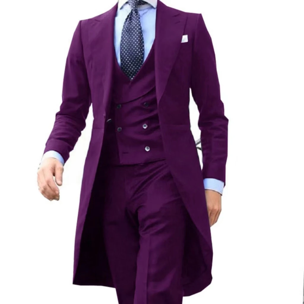 Color: ROYAL BLUE, Size: S - Elegant man suit Slim Fit Suit Luxury Formal Tuxedos Wedding 3 Pieces Blazer Vest Pants Set Long Tail Coat One Button Custom