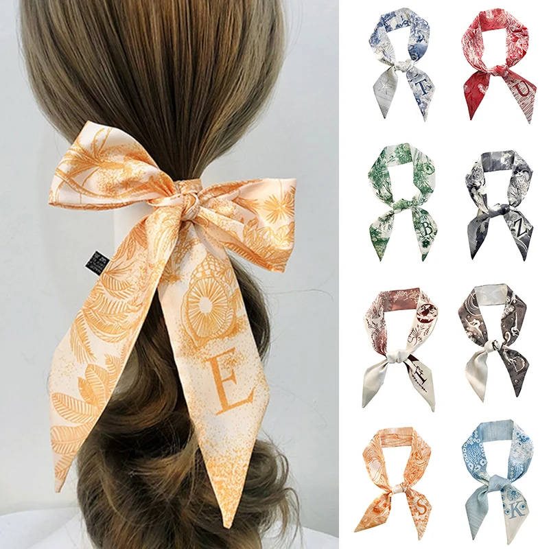 Color: Orange - Sketch Style 26 Letters Temperament Small Scarf Long Silk Scarf Hair Band Narrow Headband Hair Tie Bag Handle Hair Accessories