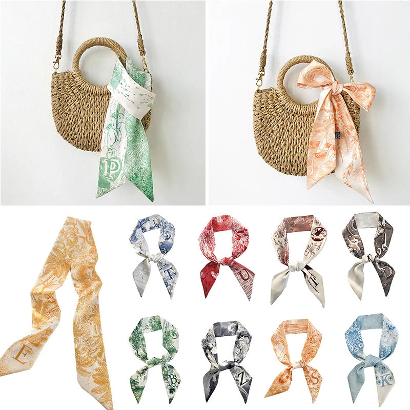Color: Orange - Sketch Style 26 Letters Temperament Small Scarf Long Silk Scarf Hair Band Narrow Headband Hair Tie Bag Handle Hair Accessories