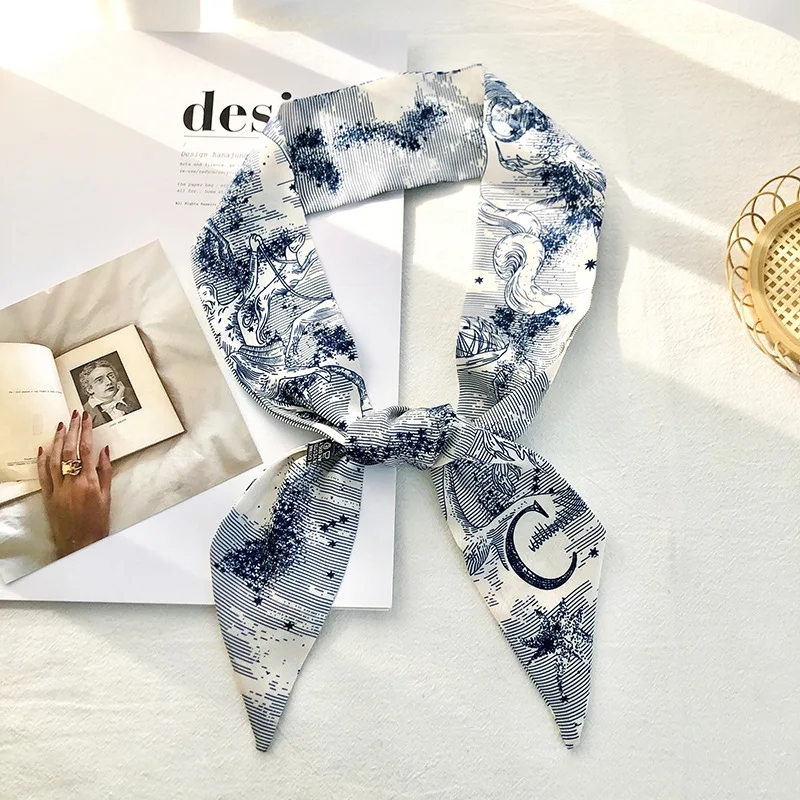 Color: Orange - Sketch Style 26 Letters Temperament Small Scarf Long Silk Scarf Hair Band Narrow Headband Hair Tie Bag Handle Hair Accessories