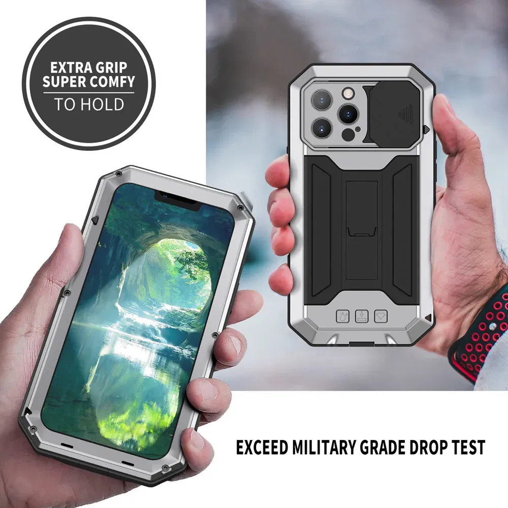 Color: Silver, Material: PE - Heavy Duty Metal Aluminum Case For iPhone 14 13 15 Pro Max Military Grade Shockproof Bumpers Armor Kickstand Camera Slider Cases