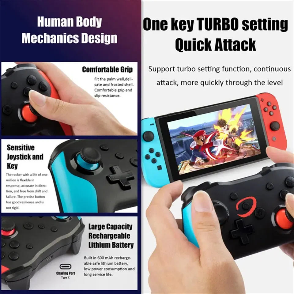 Color: Clear - GAMINJA NS009 Bluetooth Game Controller Wireless Gamepad For Nintendo Switch Console PS3 PC Windows 7 10 Dual Vibration Joystick