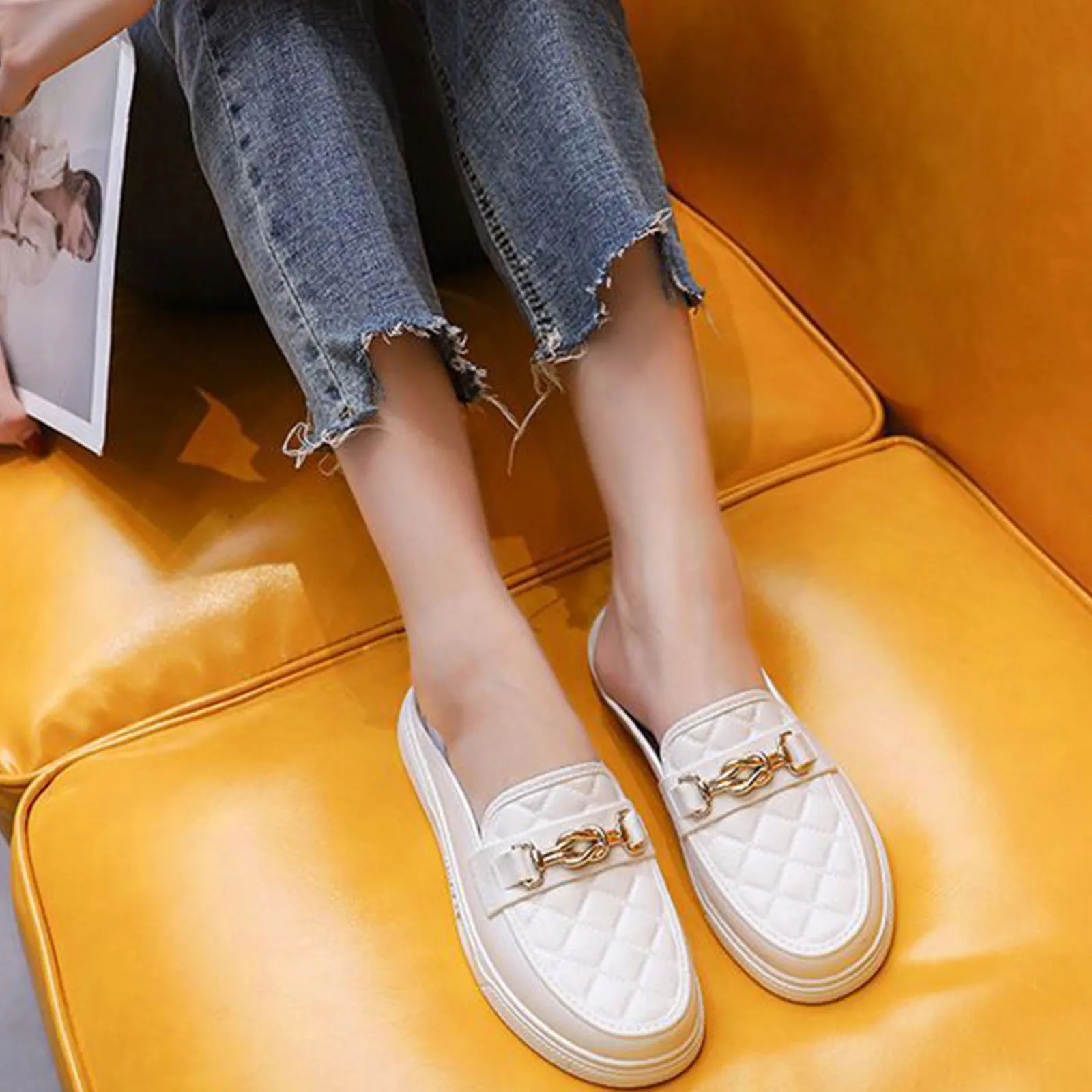 Color: WHITE, Shoe Size: 37 - Summer New Style Women's Soft Bottom Anti-slip Versatile Outer Wear Beach Flat Bottom Lazy Person One Step Casual Half Slippers