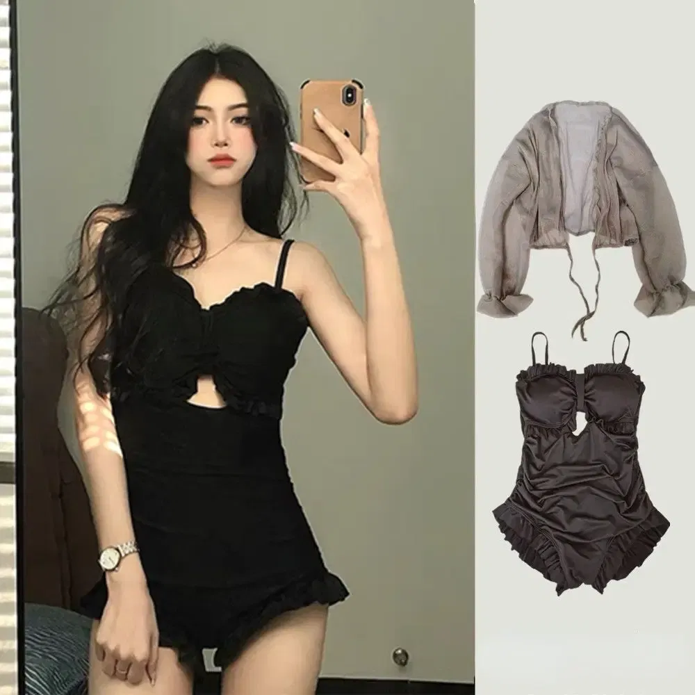 Color: Beige, Size: S - Women Bikinis Set Summer Sexy Black Beach Style Holiday Slim Swimwear Sunscreen Bathing Suit Seductive Ulzzang New 2024 Trendy