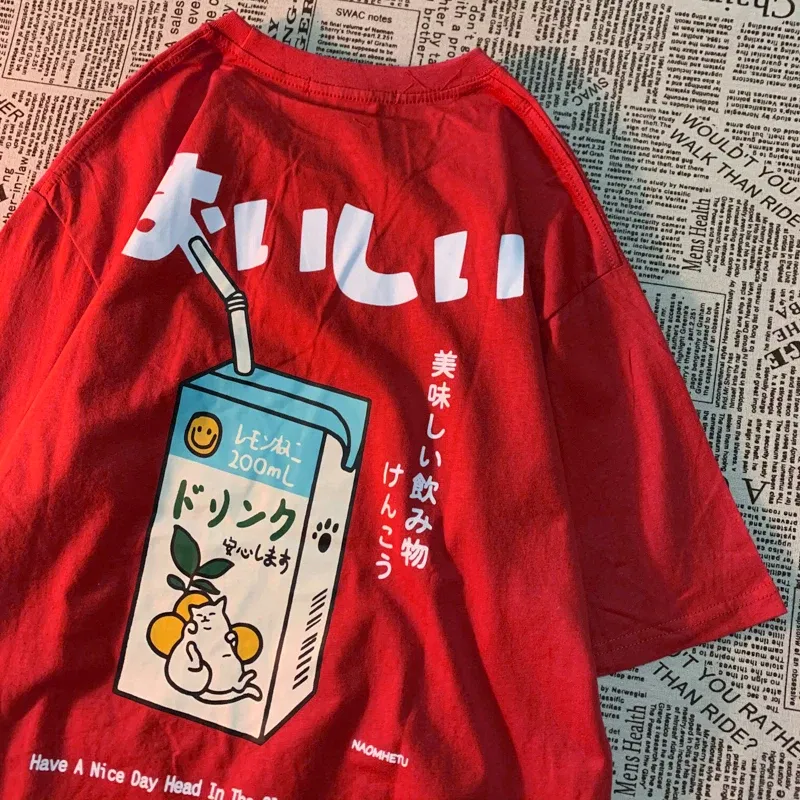 Color: Khaki, Size: M - Cute Japanese Cat Print Oversized T-shirt men Women Short Sleeve Loose Casual Tee Shirt Streetwear Tops Cotton Harajuku Clothing