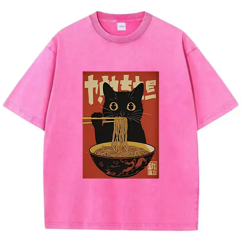 Color: black, Size: L - T Shirt Vintage Washed 100% Cotton T-Shirt Black Retro Cat Eating Ramen Graphic Tee Casual Streetwear for Spring Summer Fall