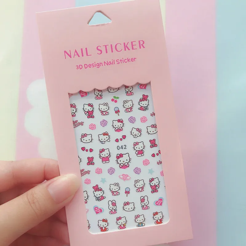 Color: Dark Red - 1PCS Hello Kitty 3D Nail Stickers Press on Nails Mickey Mouse Donald Duck Stitch Cartoon Stickers Nail Art Decoration