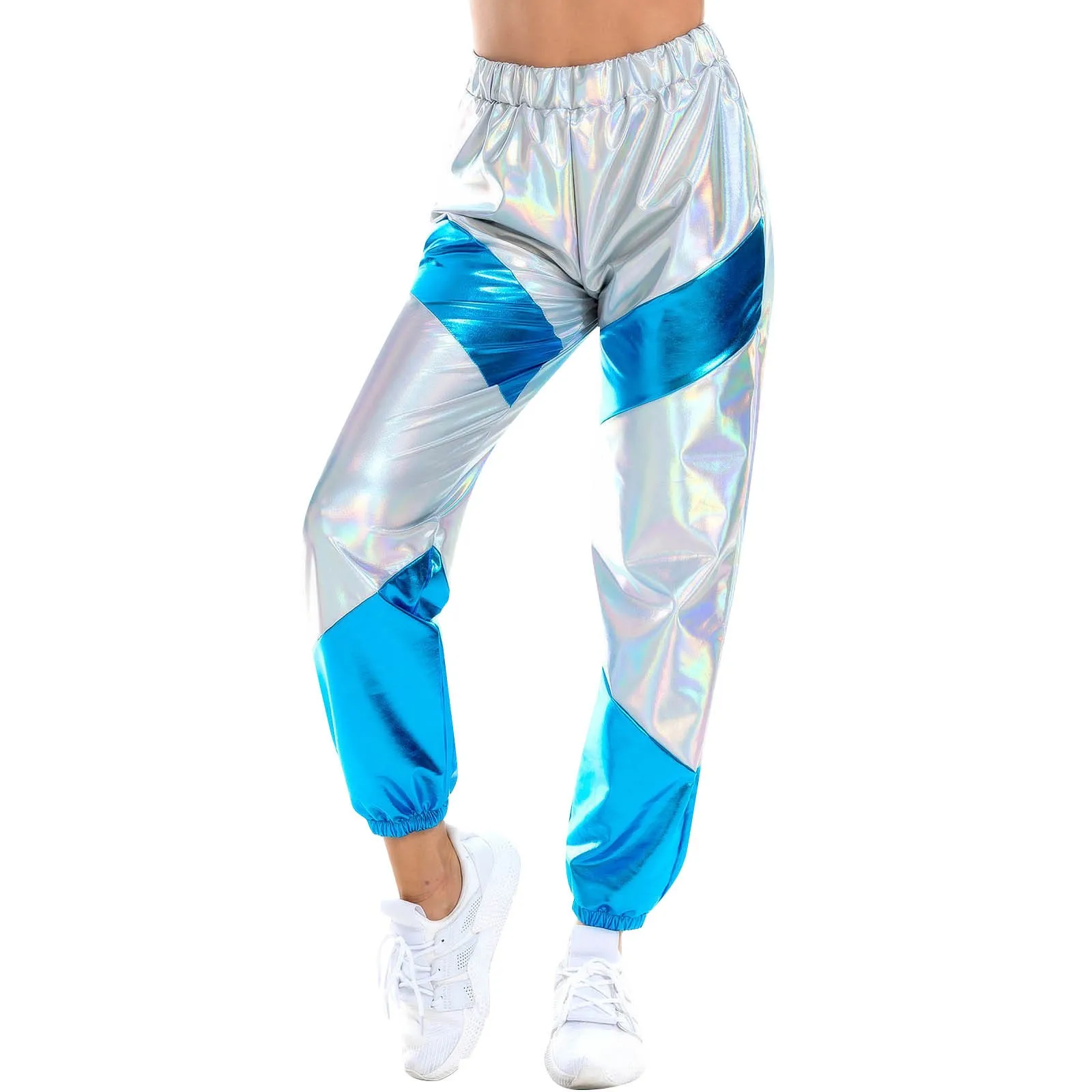 Color: Silver, Size: XXL - Women'S Shiny Trousers Elastic Sports Leisure Casual Long Sweatpants Jogging Bottoms Stretch Leggings Party Disco Clubwear