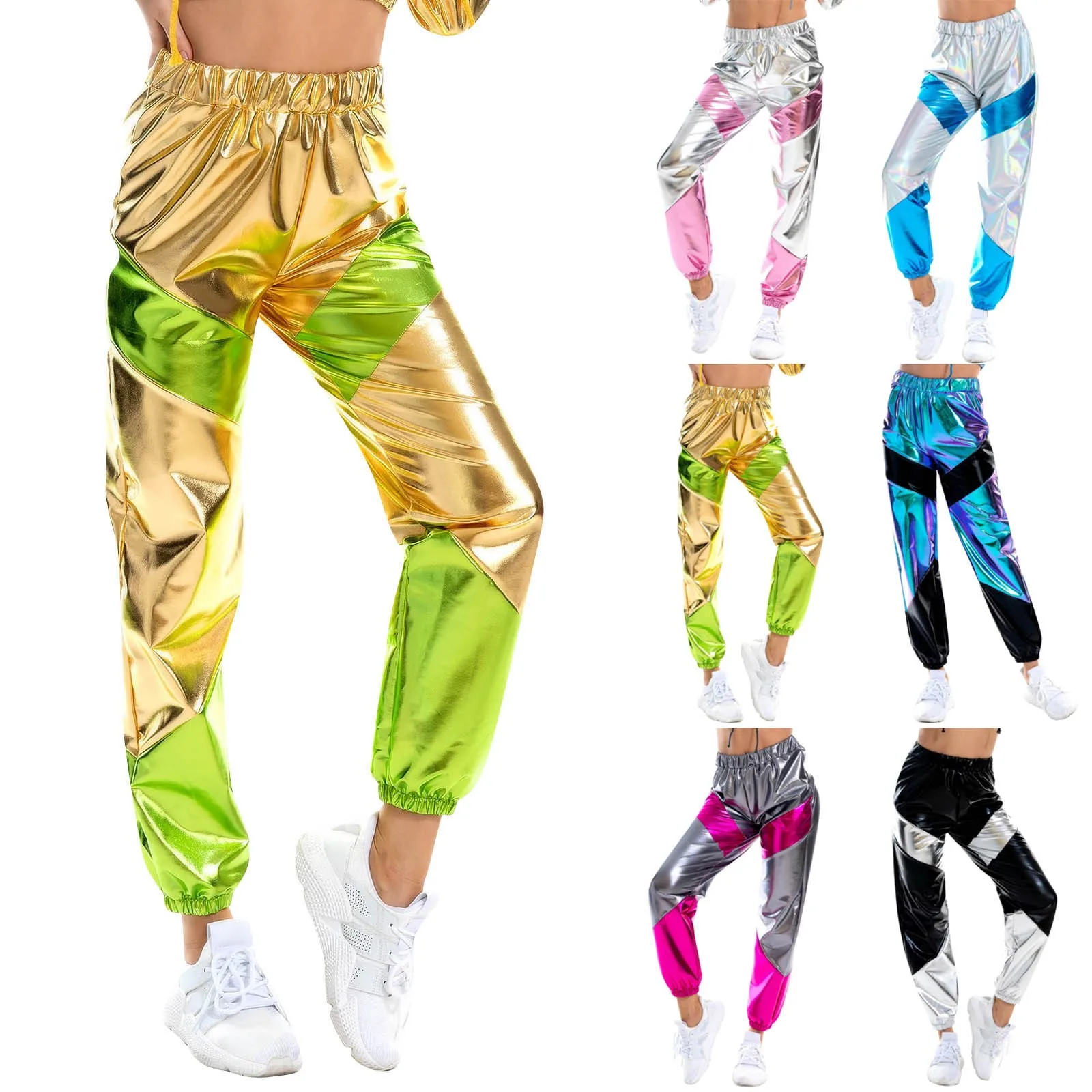 Color: Silver, Size: XXL - Women'S Shiny Trousers Elastic Sports Leisure Casual Long Sweatpants Jogging Bottoms Stretch Leggings Party Disco Clubwear