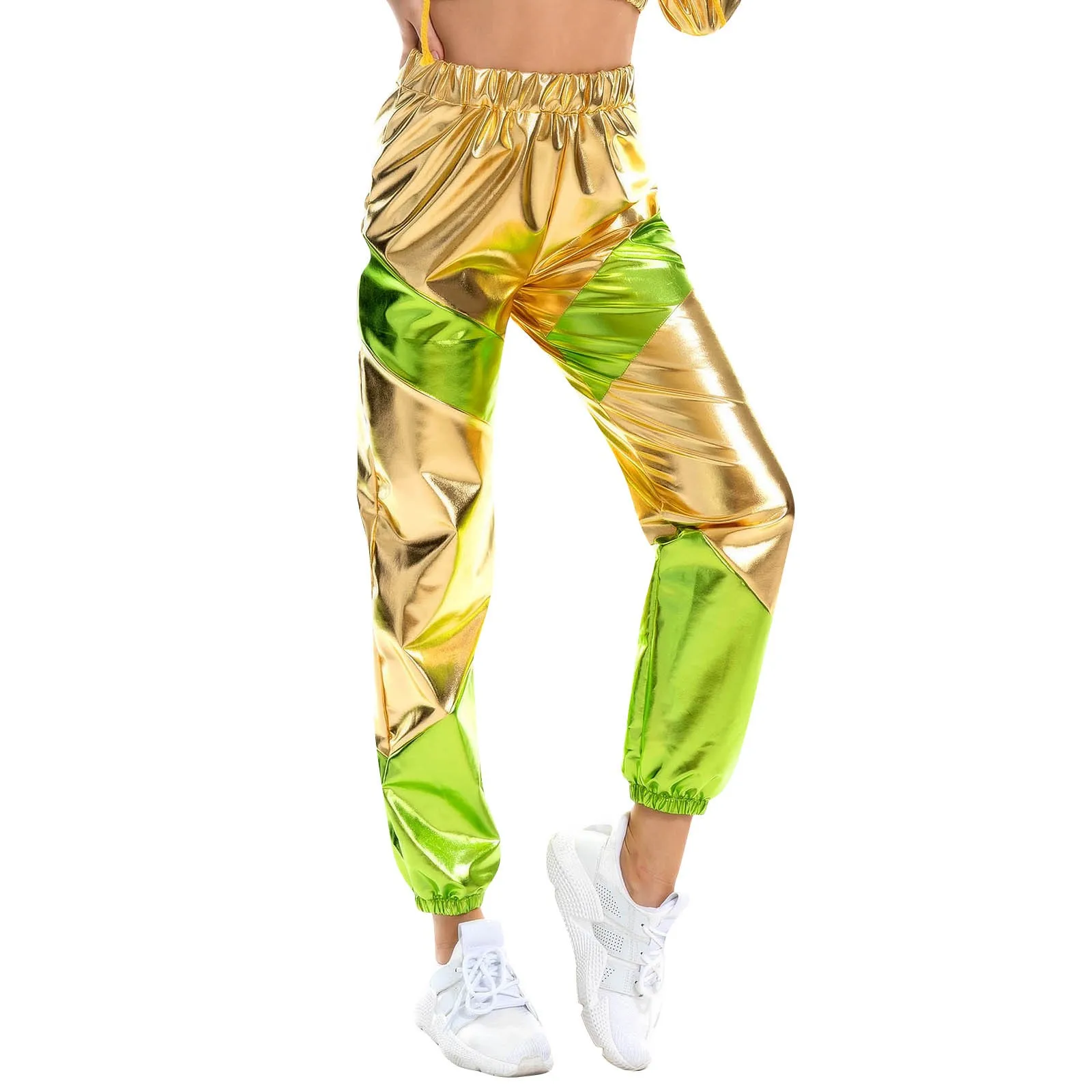 Color: Silver, Size: XXL - Women'S Shiny Trousers Elastic Sports Leisure Casual Long Sweatpants Jogging Bottoms Stretch Leggings Party Disco Clubwear