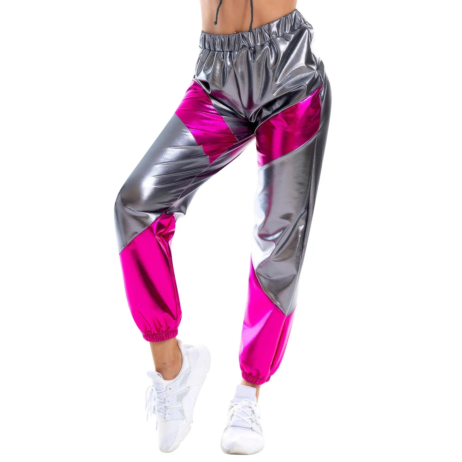 Color: Silver, Size: XXL - Women'S Shiny Trousers Elastic Sports Leisure Casual Long Sweatpants Jogging Bottoms Stretch Leggings Party Disco Clubwear