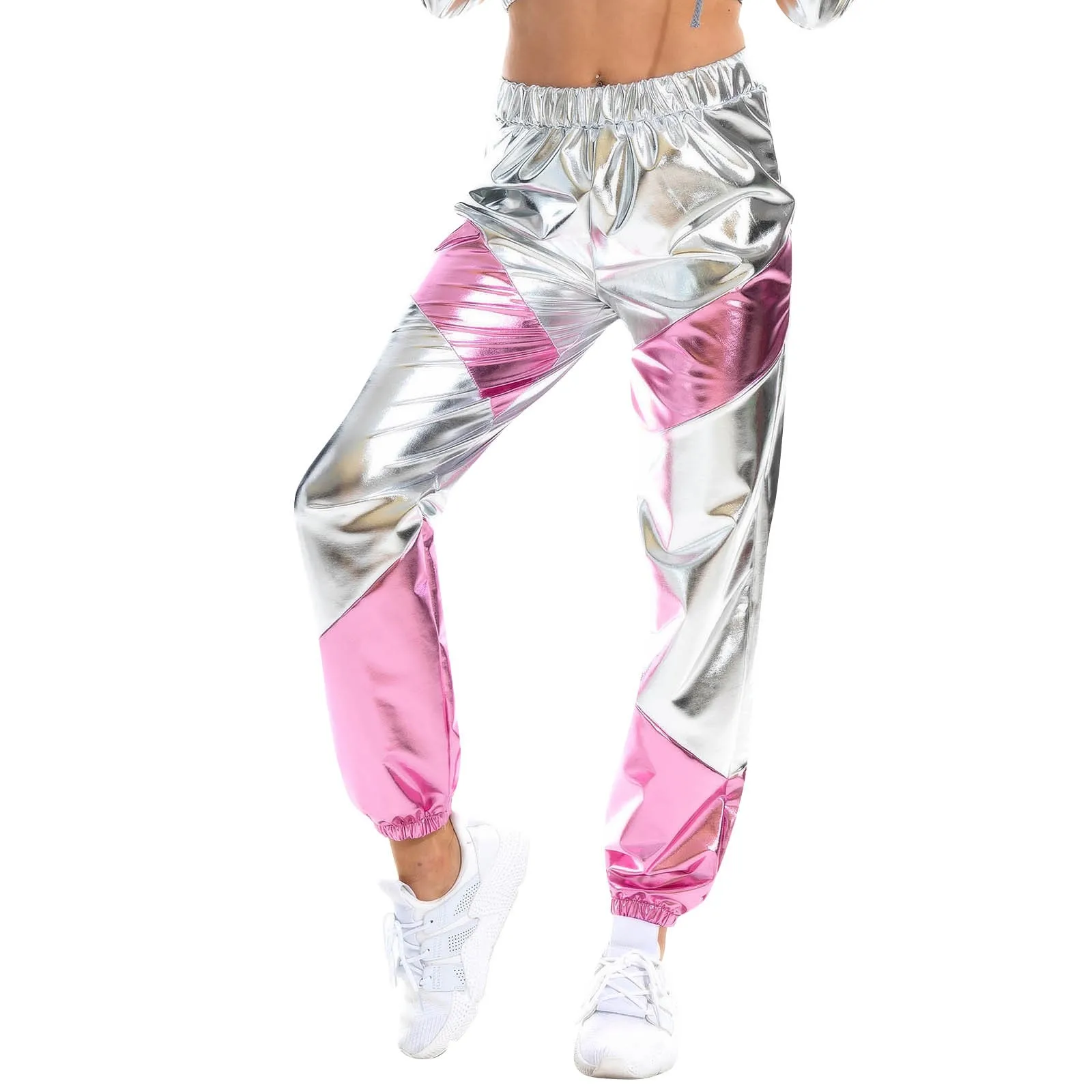 Color: Silver, Size: XXL - Women'S Shiny Trousers Elastic Sports Leisure Casual Long Sweatpants Jogging Bottoms Stretch Leggings Party Disco Clubwear