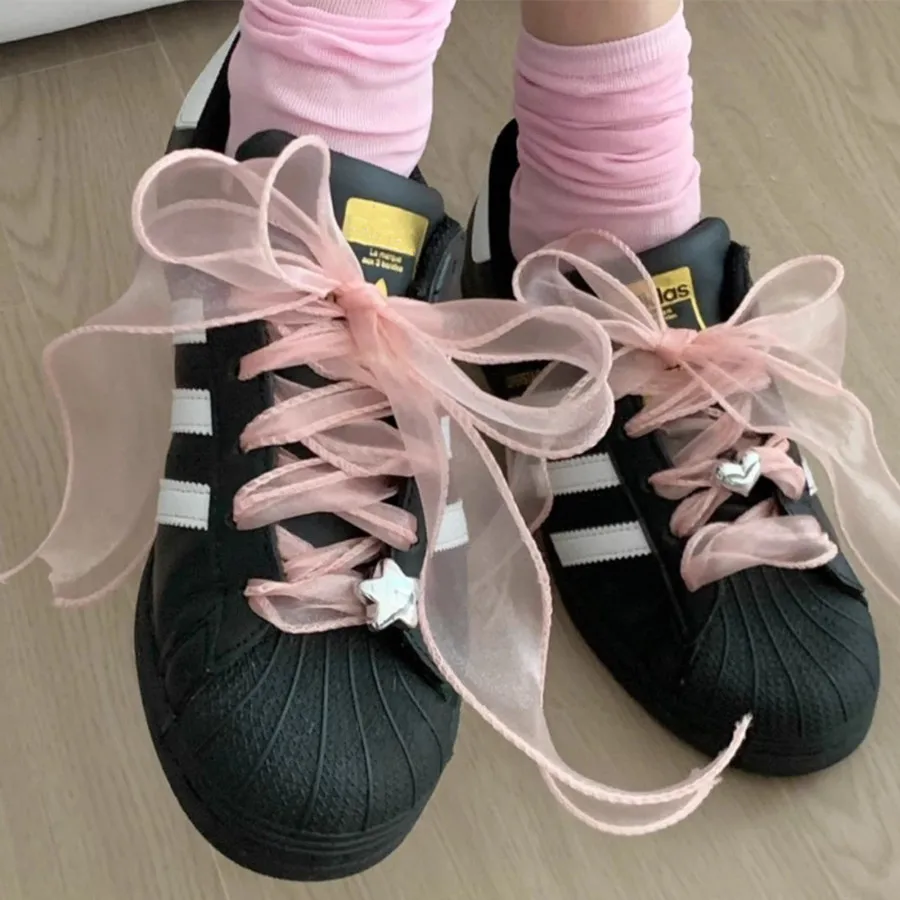 Color: black, Length: 100cm - 4cm Wide Festoon Fishtail Organza Shoelaces Wave Chiffen Fall Winer Bow Laces Beauty White Casual Sneaker DE Training Shoes Lace