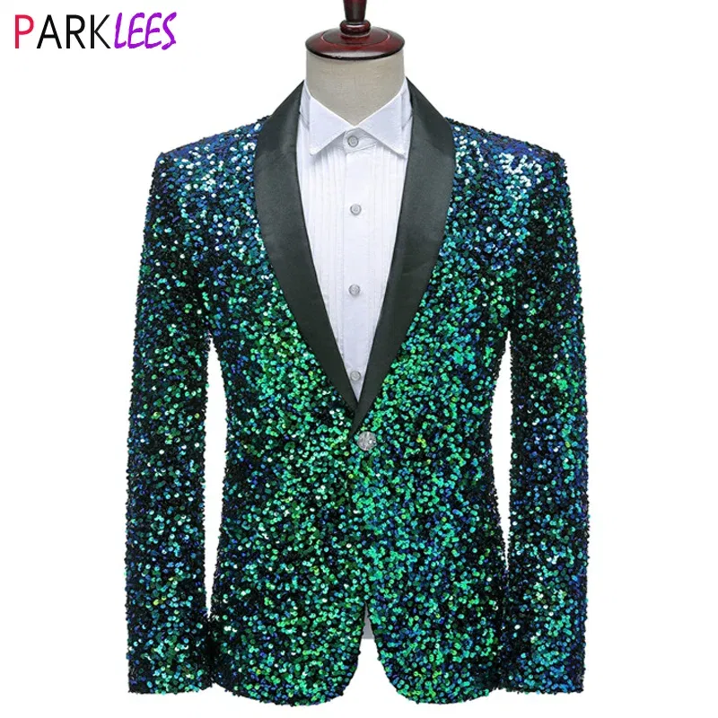 Color: Blue, Size: XXXL - Shiny Green Sequins Bling Glitter Blazer Men 2023 Shawl Collar One Button Tuxedo Suits&Blazer Mens Wedding Party Stage Costumes