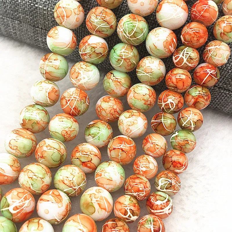 Color: Dark Grey, Item Diameter: 6mm - Wholesale 4/6/8/10mm Glass Beads Round Loose Spacer Beads Pattern For Jewelry Making DIY Bracelet Necklace