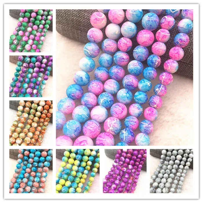 Color: Dark Grey, Item Diameter: 6mm - Wholesale 4/6/8/10mm Glass Beads Round Loose Spacer Beads Pattern For Jewelry Making DIY Bracelet Necklace