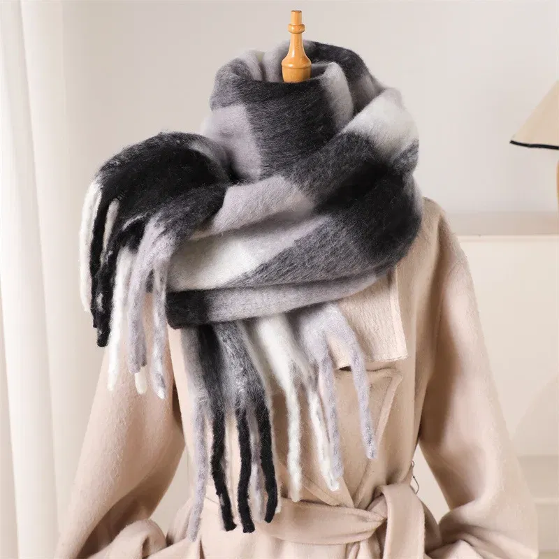 Color: Beige, Size: One Size - 2025 NEW Luxury Cashmere Women Plaid Scarf Winter Warm Shawl and Wrap Bandana Pashmina Long Tassel Female Foulard Thick Blanket