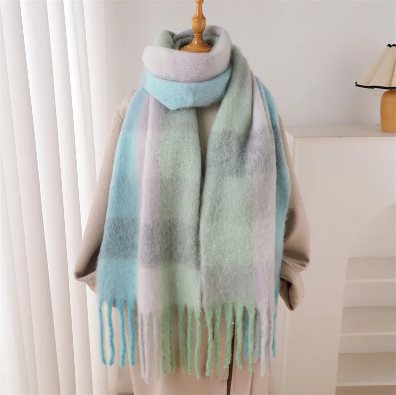 Color: Beige, Size: One Size - 2025 NEW Luxury Cashmere Women Plaid Scarf Winter Warm Shawl and Wrap Bandana Pashmina Long Tassel Female Foulard Thick Blanket