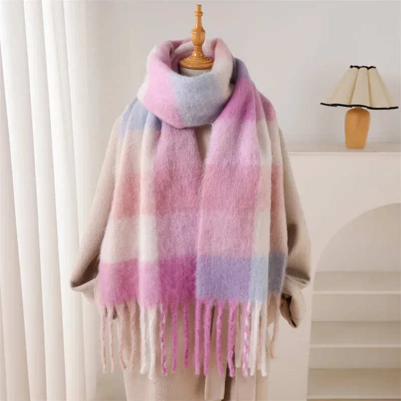 Color: Beige, Size: One Size - 2025 NEW Luxury Cashmere Women Plaid Scarf Winter Warm Shawl and Wrap Bandana Pashmina Long Tassel Female Foulard Thick Blanket