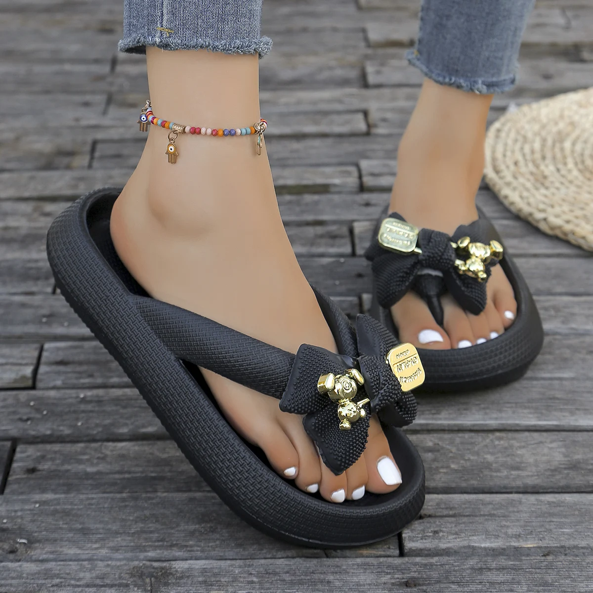 Color: black, Shoe Size: 36-37 - Summer Multi Color Women's Flip Flops Fashionable Metallic Teddy Bear Bow Slide Sandal Beach Vacation Home Versatile Footwear