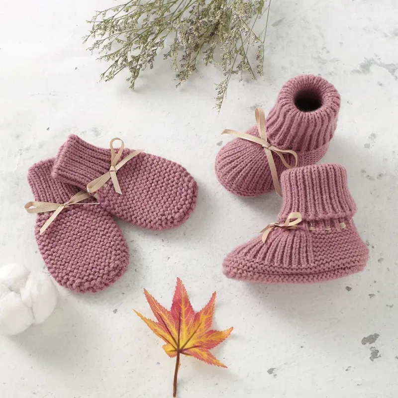 Color: Dark Grey, Baby Age: 13-18 Months - Baby Shoes + Gloves Set Knit Newborn Girls Boys Boots Mitten Fashion Butterfly-knot Toddler Infant Slip-On Bed Shoes Hand Made