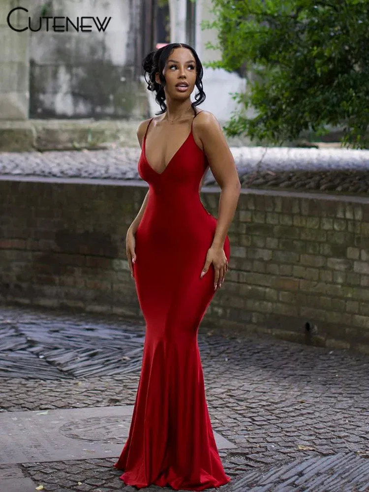 Color: Red, Size: M - Nibber Red Shiny Spaghetti Strap Maxi Dress Women Solid Sexy Backless Ruched Cleavage Body-shaping Robe Lady Hipster Streetwear